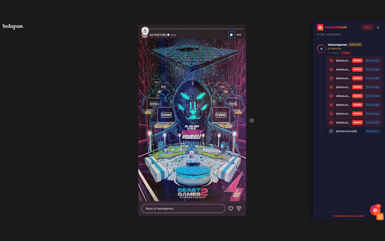 HannanMaxIG side panel revealing 8 hidden mentions in a Beast Games highlight on Instagram