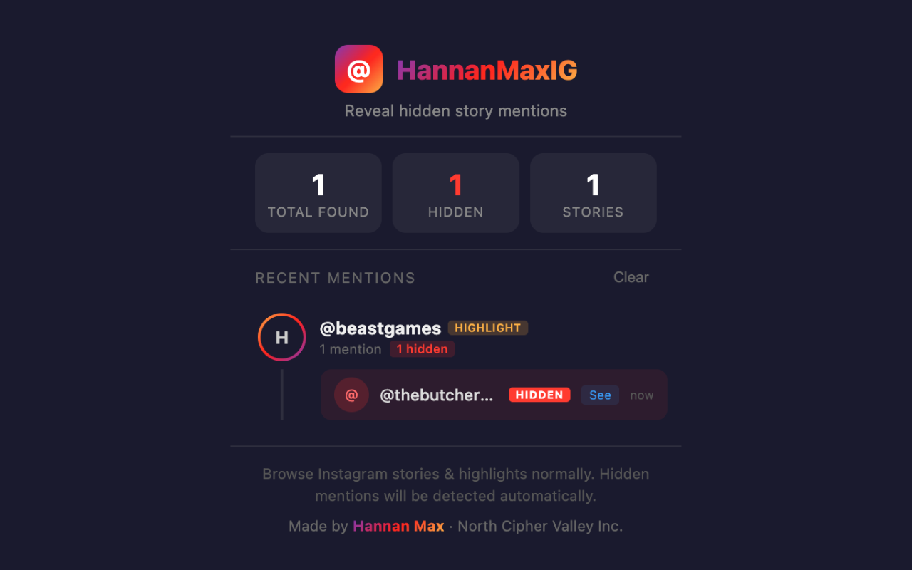 HannanMaxIG popup showing mention history with hidden badge